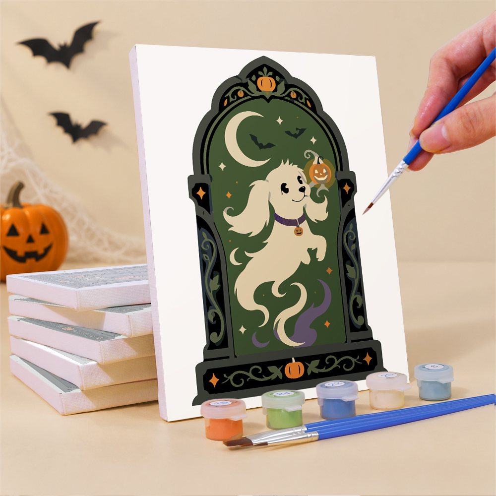 Painting a Haunted Portraits mini canvas propped up beside numbered acrylic paints