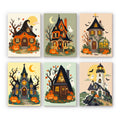 Haunted Pumpkin Cottages mini paint by numbers set: six haunted houses with glowing windows and jack-o'-lanterns, including a Victorian manor, chapel and lighthouse