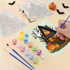 Filling in a Haunted Pumpkin Cottages mini canvas with numbered acrylic paints and a fine brush