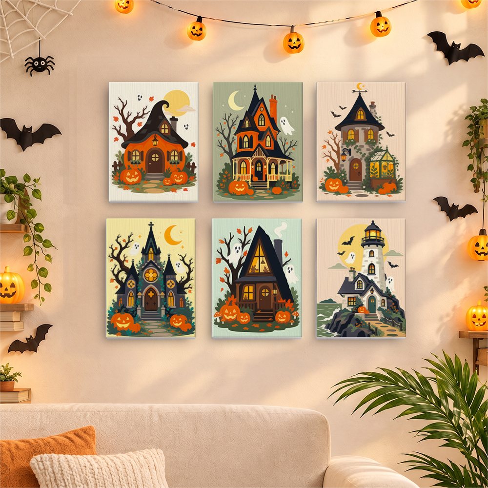 Six finished Haunted Pumpkin Cottages mini paintings hung on a wall above a table