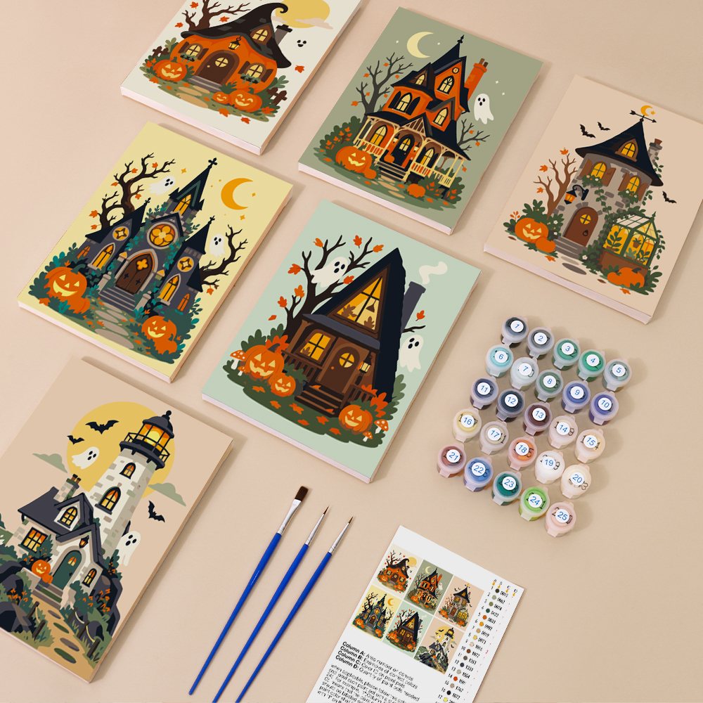 Haunted Pumpkin Cottages mini paint by numbers kit with six numbered canvases, acrylic paints, brushes and layout