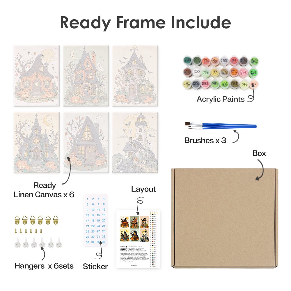 What's included pre-stretched on frame: six framed Haunted Pumpkin Cottages mini canvases, paints, three brushes, hangers and layout