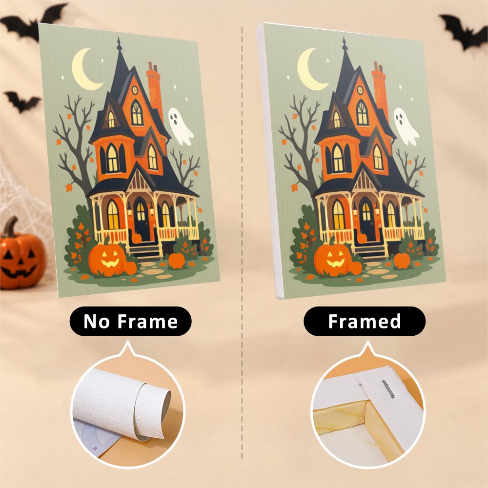 Haunted Pumpkin Cottages mini canvas shown rolled without a frame and pre-stretched on a frame