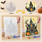 Before and after of a Haunted Pumpkin Cottages mini paint by numbers canvas