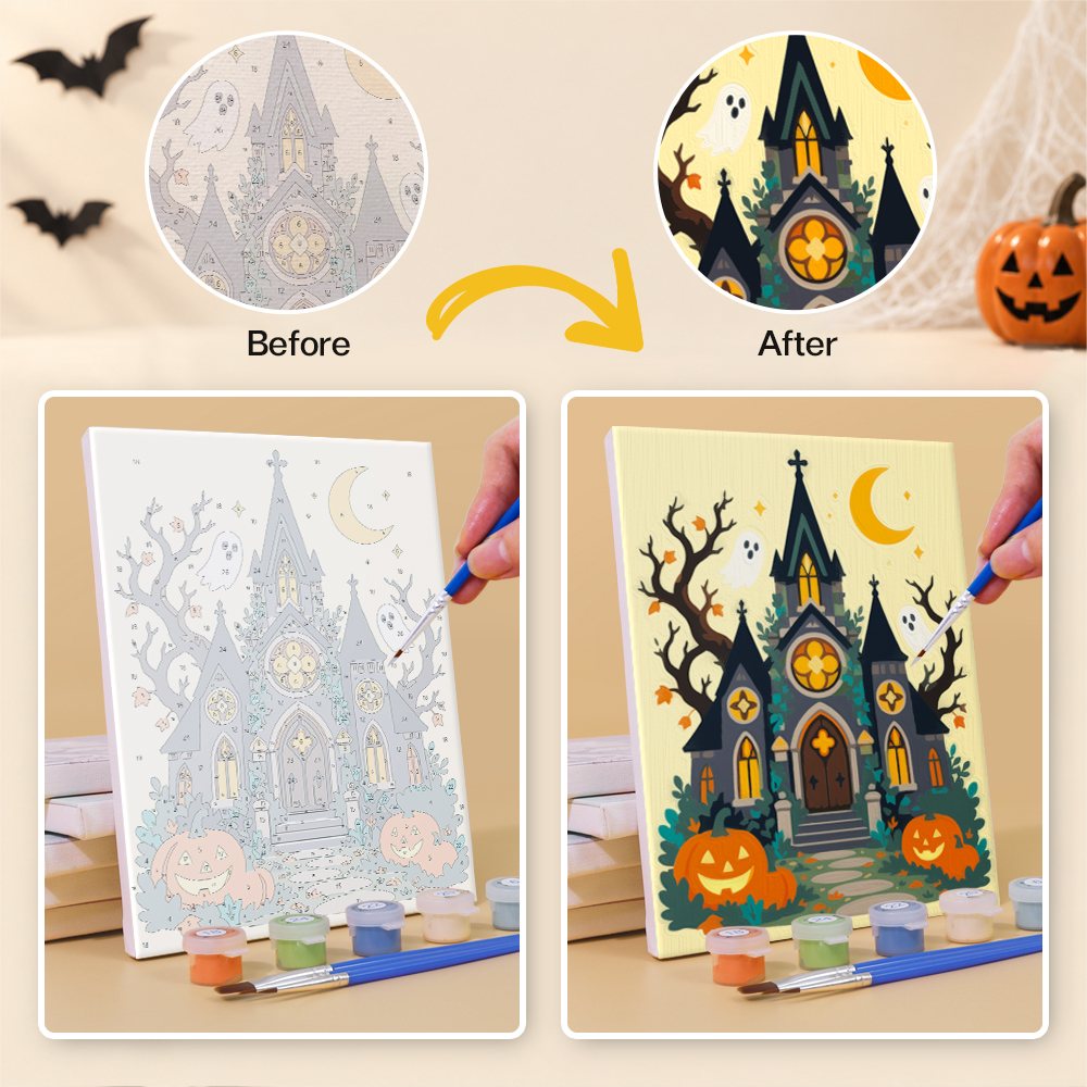 Before and after of a Haunted Pumpkin Cottages mini paint by numbers canvas