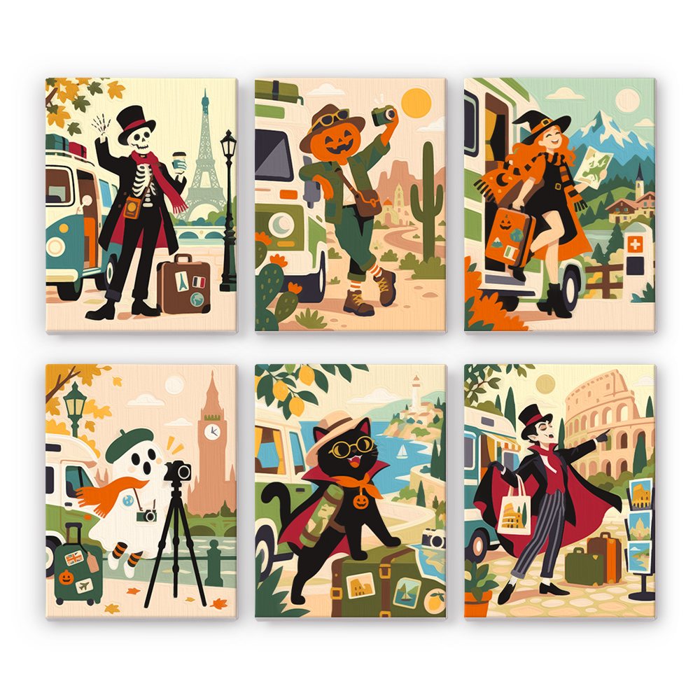 Haunted World Travelers mini paint by numbers set: six spooky characters on vacation, including a skeleton in Paris, a ghost in London and a vampire in Rome