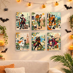 Six finished Haunted World Travelers mini paintings hung on a wall above a table