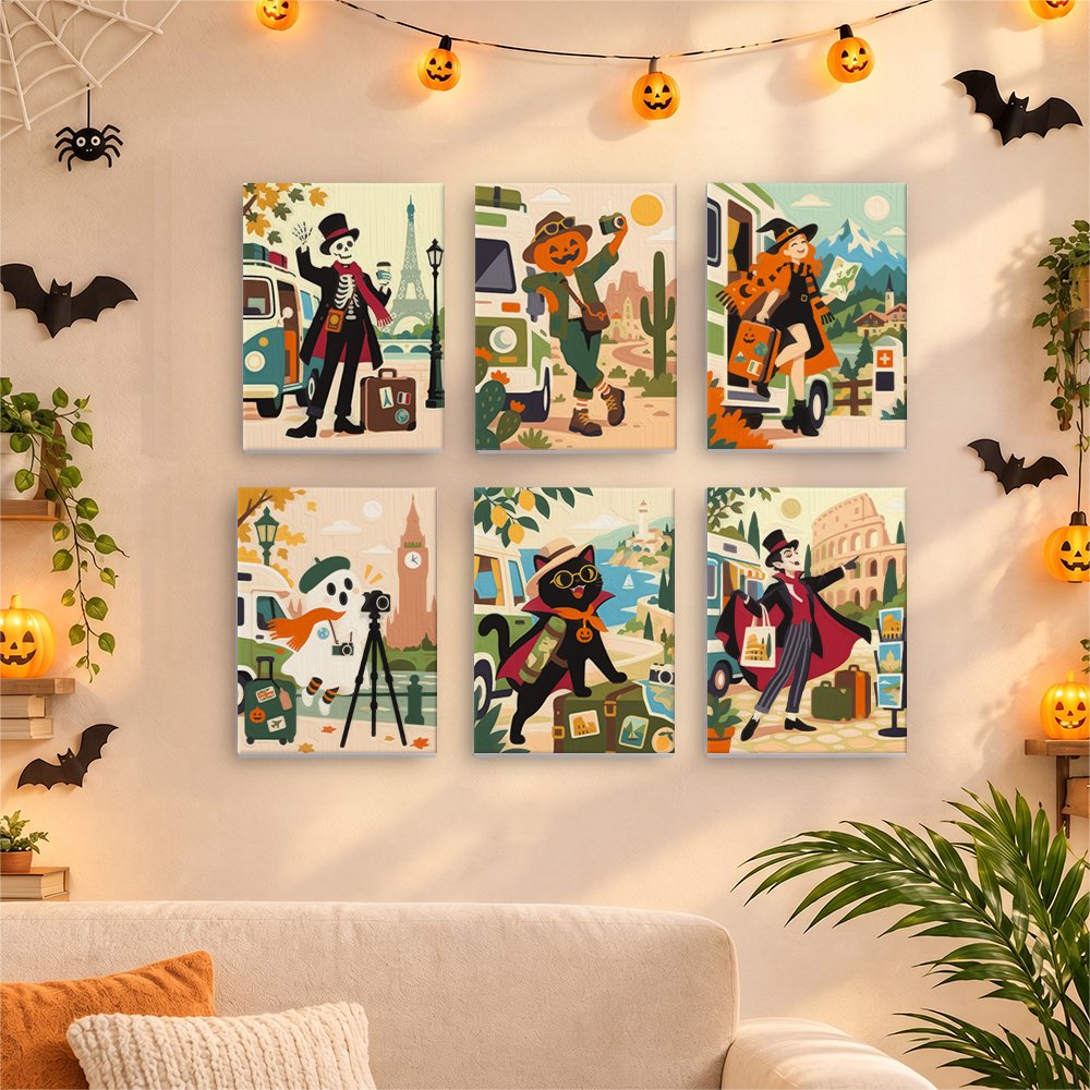 Six finished Haunted World Travelers mini paintings hung on a wall above a table