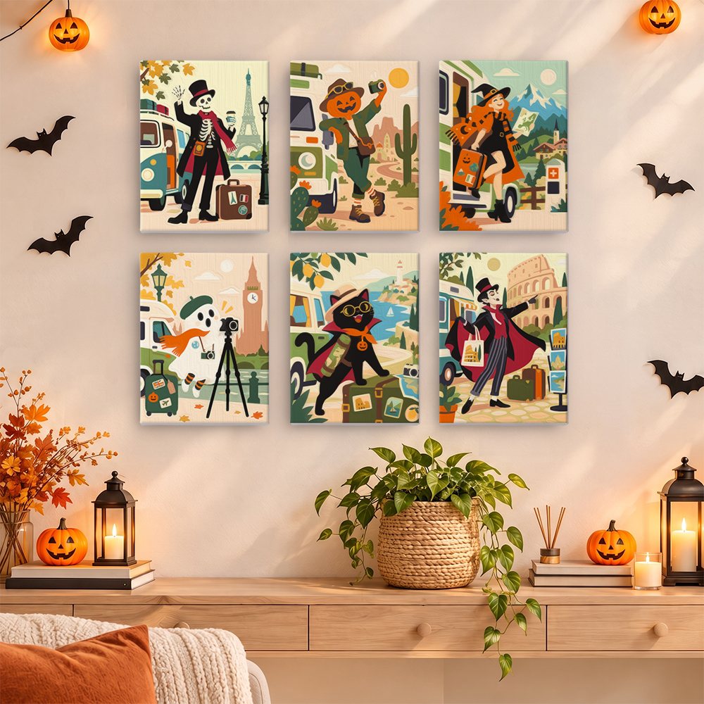 Haunted World Travelers mini paintings displayed as a gallery wall in a sunny kitchen