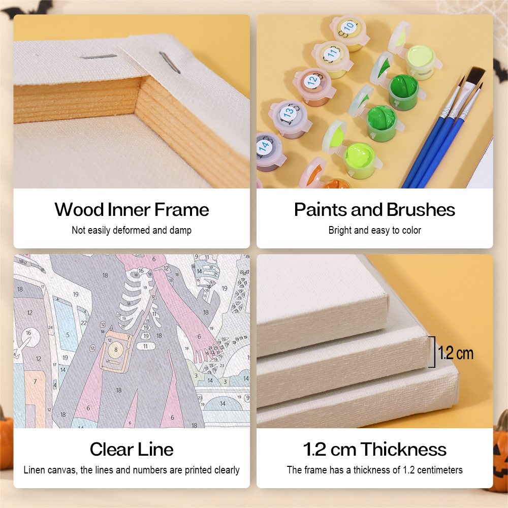 Close-up of the wooden inner frame, labeled paints, clearly printed numbers and 1.2 cm canvas depth