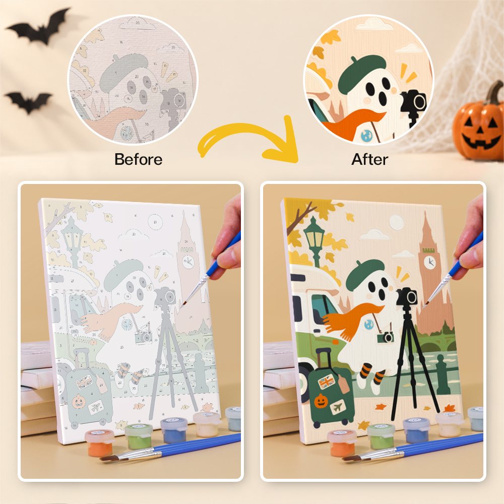 Before and after of a Haunted World Travelers mini paint by numbers canvas