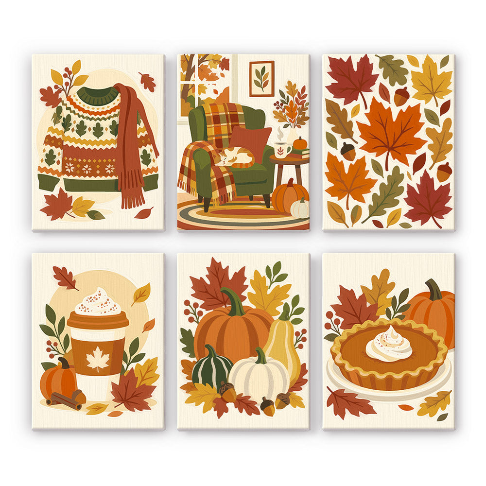 Hello Autumn mini paint by numbers set: six designs of a knit sweater, cozy armchair, fall leaves, spiced latte, pumpkins and pie