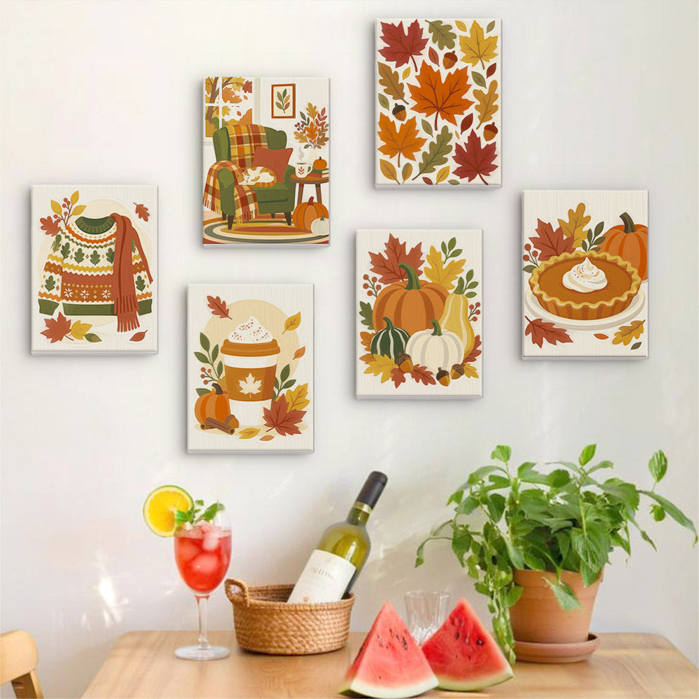 Six finished Hello Autumn mini paintings hung on a wall above a table