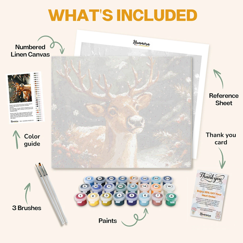 What's included in the Herald of Christmas paint by numbers kit: numbered linen canvas, reference sheet, color guide, 24 acrylic paints, 3 brushes and thank you card