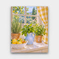 Herbs on the Sill paint by numbers kit of potted herbs, a blue jug and a bowl of lemons and pears on a sunny kitchen windowsill