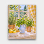 Herbs on the Sill paint by numbers kit of potted herbs, a blue jug and a bowl of lemons and pears on a sunny kitchen windowsill