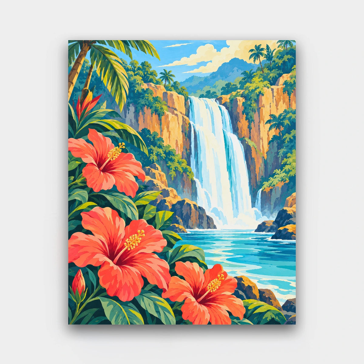 Hibiscus Falls paint by numbers kit of a tropical waterfall into a turquoise pool framed by red hibiscus in vintage poster style