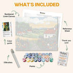 What's included in the Hidden in the Hills paint by numbers kit: numbered linen canvas, reference sheet, color guide, 24 acrylic paints, 3 brushes and thank you card