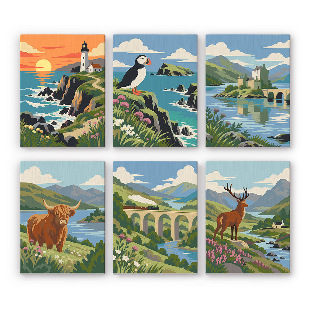 Highland Journey mini paint by numbers set: six designs of a lighthouse, puffin, castle, highland cow, viaduct train and stag