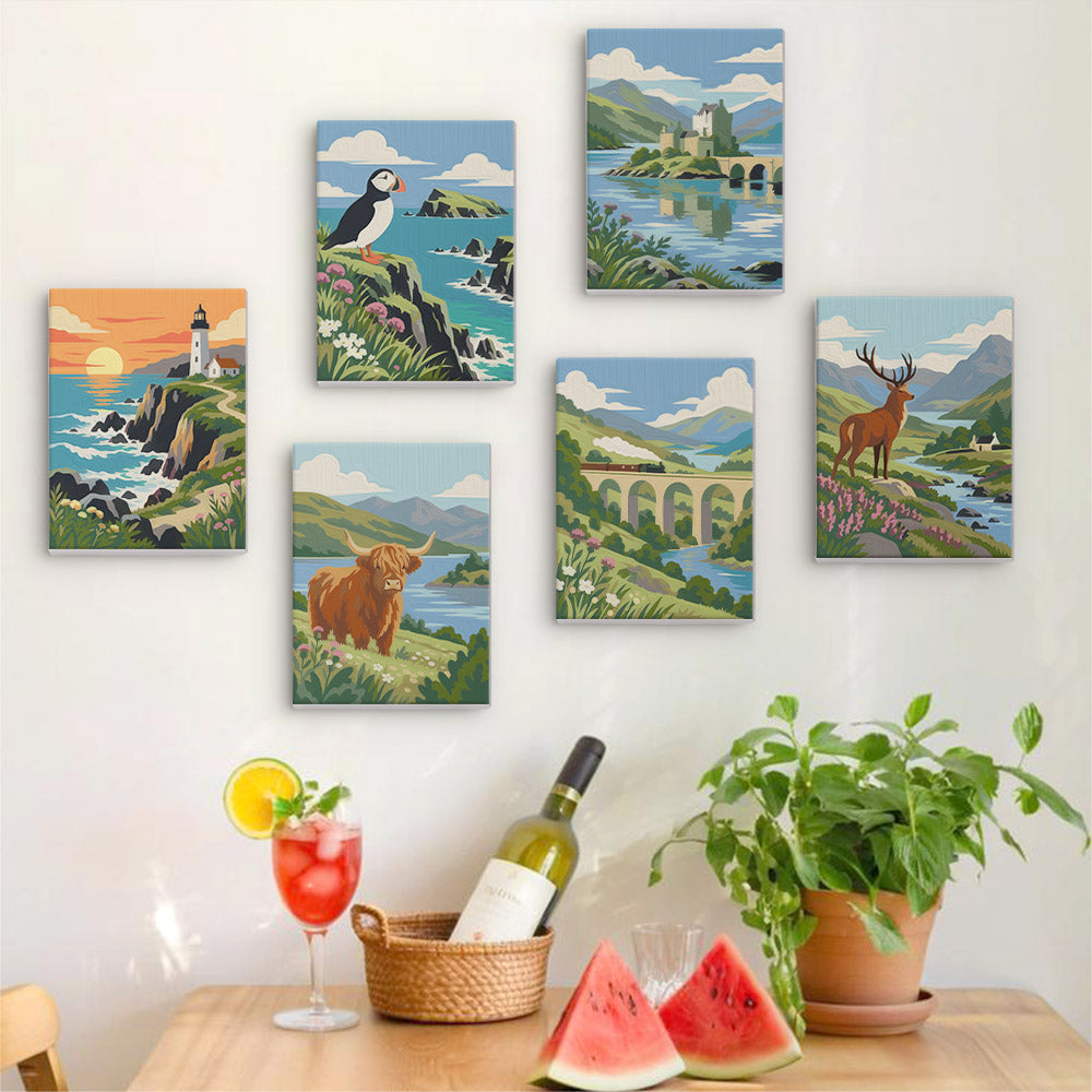Six finished Highland Journey mini paintings hung on a wall above a table