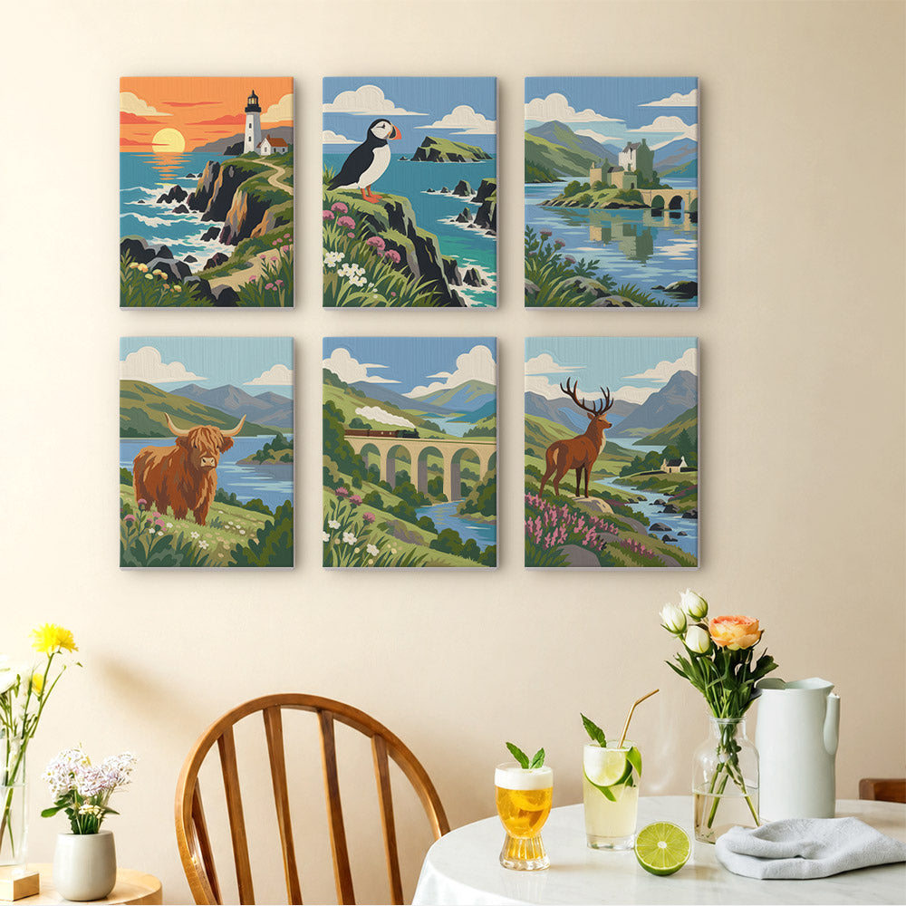 Highland Journey mini paintings displayed as a gallery wall in a sunny kitchen