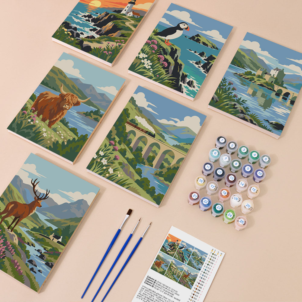 Highland Journey mini paint by numbers kit with six numbered canvases, acrylic paints, brushes and layout
