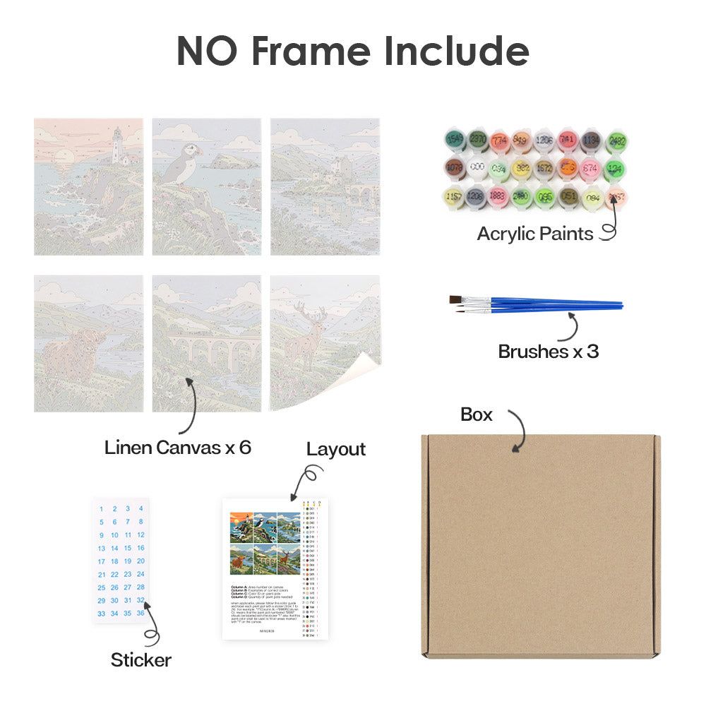 What's included without a frame: six rolled Highland Journey mini canvases, acrylic paints, three brushes and layout