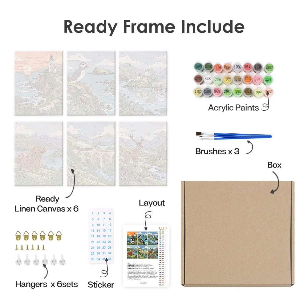 What's included pre-stretched on frame: six framed Highland Journey mini canvases, paints, three brushes, hangers and layout
