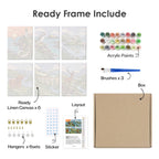 What's included pre-stretched on frame: six framed Highland Journey mini canvases, paints, three brushes, hangers and layout
