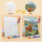 Before and after of a Highland Journey mini paint by numbers canvas