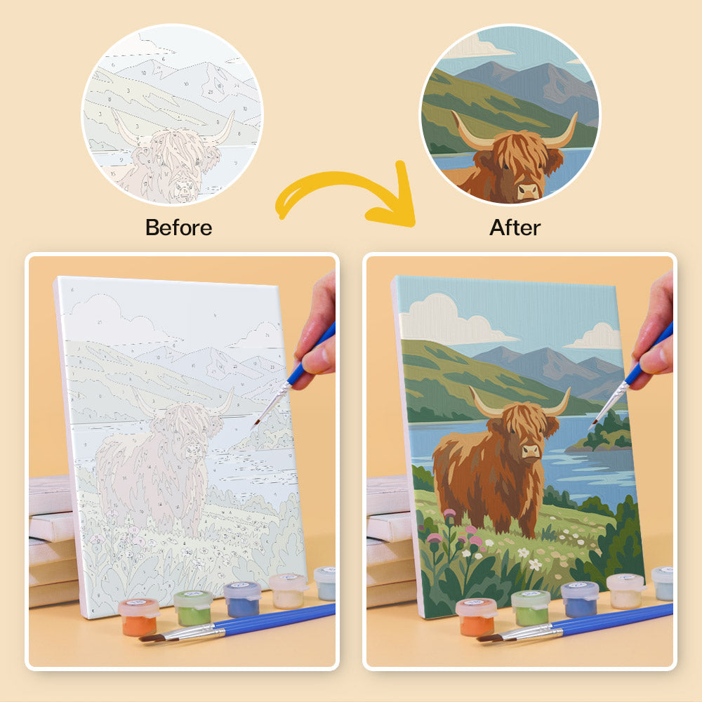Before and after of a Highland Journey mini paint by numbers canvas
