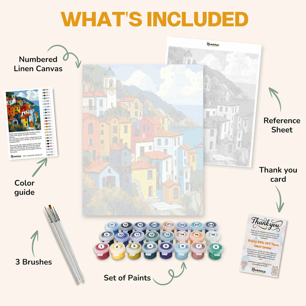 What's included in the Hillside Harmony paint by numbers kit: numbered linen canvas, reference sheet, color guide, 24 acrylic paints, 3 brushes and thank you card