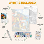 What's included in the Hillside Harmony paint by numbers kit: numbered linen canvas, reference sheet, color guide, 24 acrylic paints, 3 brushes and thank you card