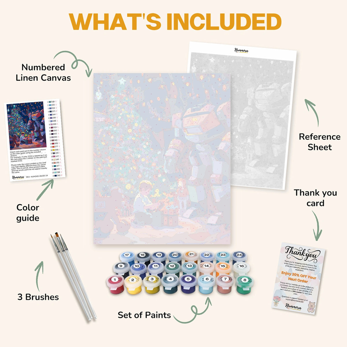What's included in the Holiday Surprise Moment paint by numbers kit: numbered linen canvas, reference sheet, color guide, 24 acrylic paints, 3 brushes and thank you card