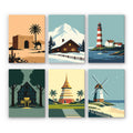 Homes Around the World mini paint by numbers set: six minimalist scenes, including a desert house, a chalet, a lighthouse, a cottage, a pagoda and a windmill