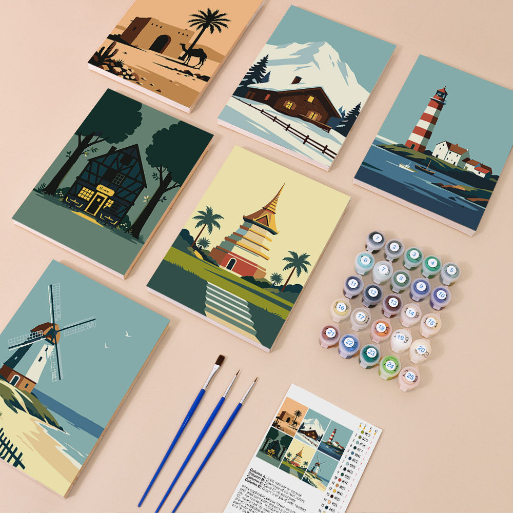 Homes Around the World mini paint by numbers kit with six numbered canvases, acrylic paints, brushes and layout
