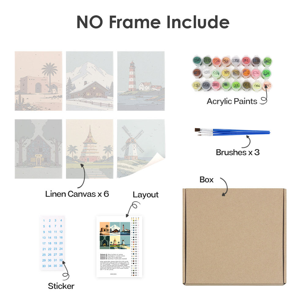 What's included without a frame: six rolled Homes Around the World mini canvases, acrylic paints, three brushes and layout