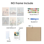 What's included without a frame: six rolled Homes Around the World mini canvases, acrylic paints, three brushes and layout
