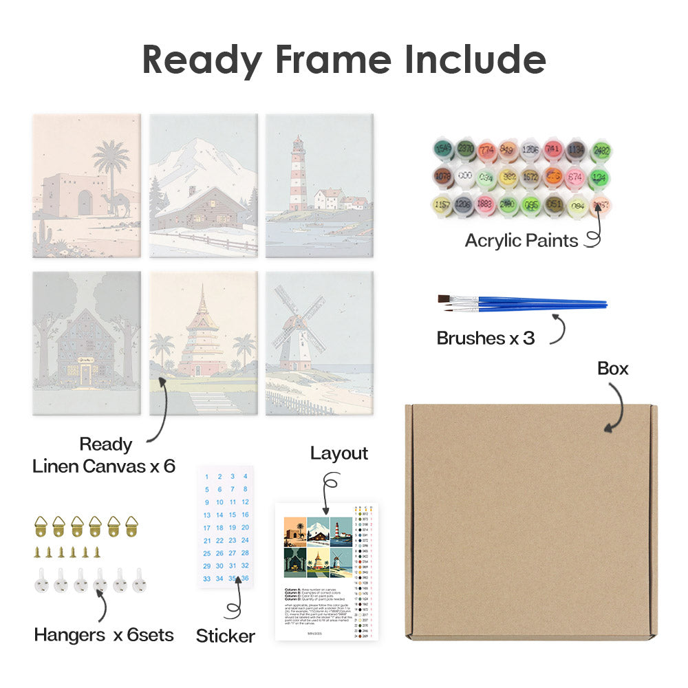 What's included pre-stretched on frame: six framed Homes Around the World mini canvases, paints, three brushes, hangers and layout