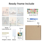 What's included pre-stretched on frame: six framed Homes Around the World mini canvases, paints, three brushes, hangers and layout