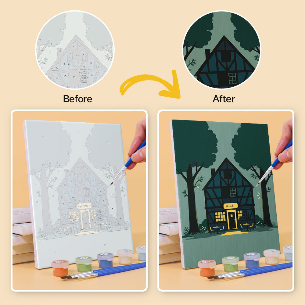 Before and after of a Homes Around the World mini paint by numbers canvas