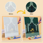 Before and after of a Homes Around the World mini paint by numbers canvas
