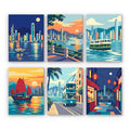 Hong Kong Harbor mini paint by numbers set: six retro city scenes, including the skyline at night, a ferry, a red-sailed junk, a tram and a lantern-lit street