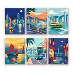Hong Kong Harbor mini paint by numbers set: six retro city scenes, including the skyline at night, a ferry, a red-sailed junk, a tram and a lantern-lit street