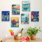 Six finished Hong Kong Harbor mini paintings hung on a wall above a table