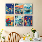 Hong Kong Harbor mini paintings displayed as a gallery wall in a sunny kitchen