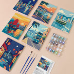 Hong Kong Harbor mini paint by numbers kit with six numbered canvases, acrylic paints, brushes and layout