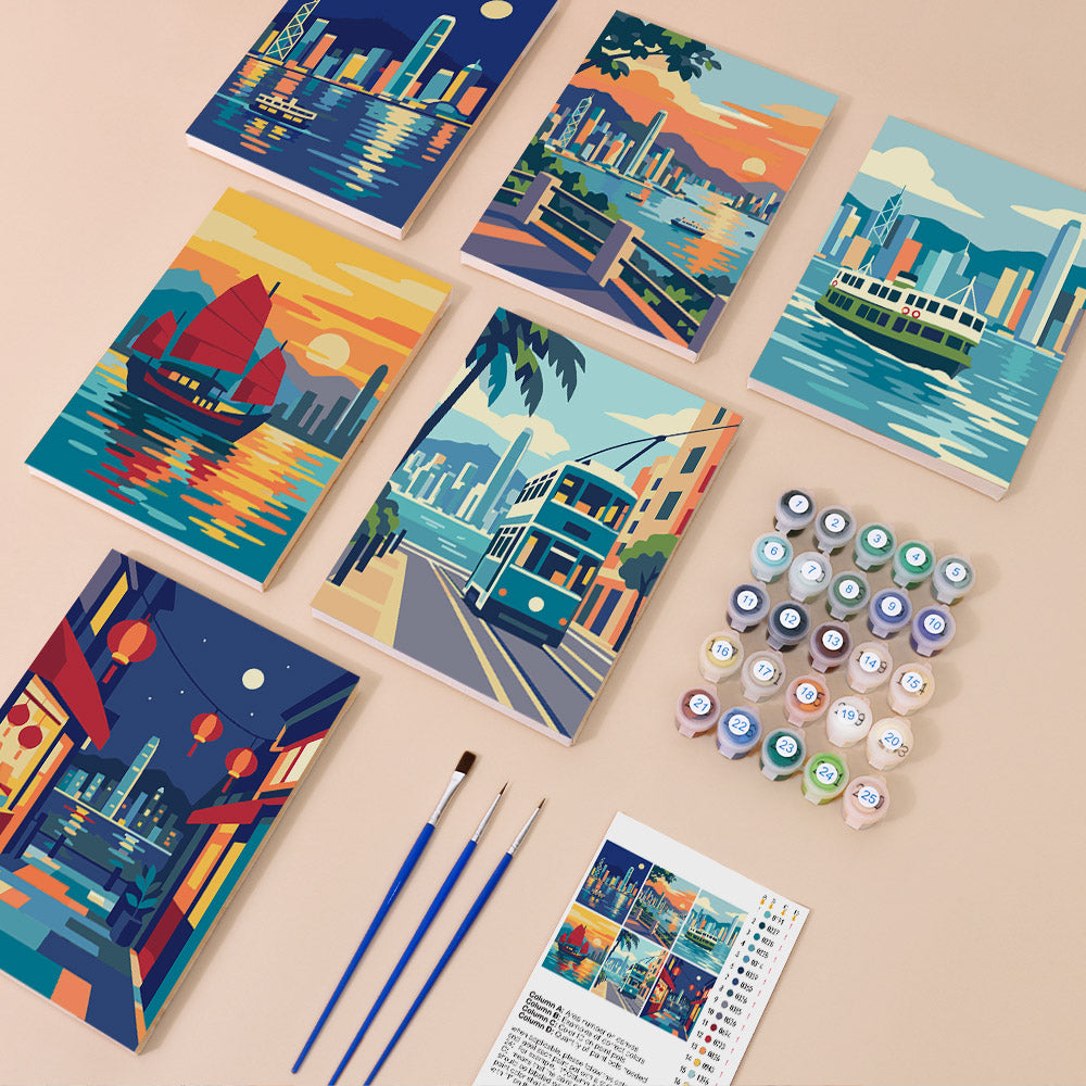 Hong Kong Harbor mini paint by numbers kit with six numbered canvases, acrylic paints, brushes and layout