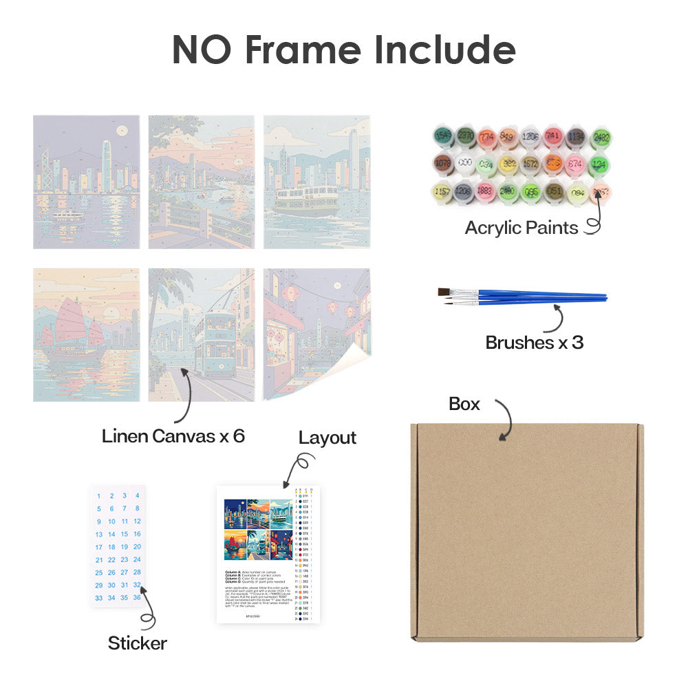 What's included without a frame: six rolled Hong Kong Harbor mini canvases, acrylic paints, three brushes and layout