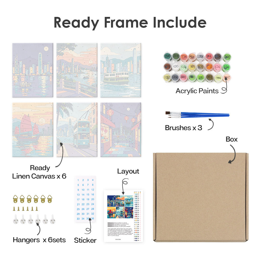 What's included pre-stretched on frame: six framed Hong Kong Harbor mini canvases, paints, three brushes, hangers and layout
